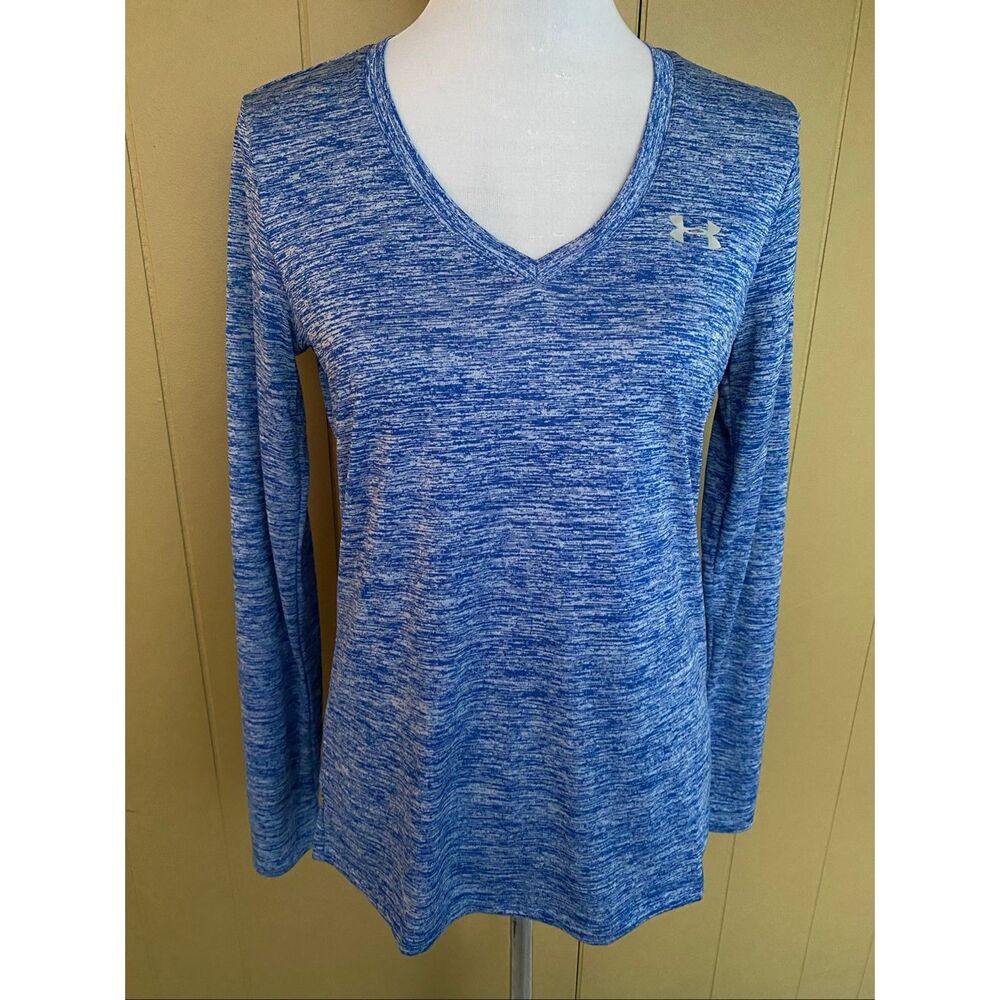 Under armour women L longsleeve v-neck dri fit workout shirt blue & white
